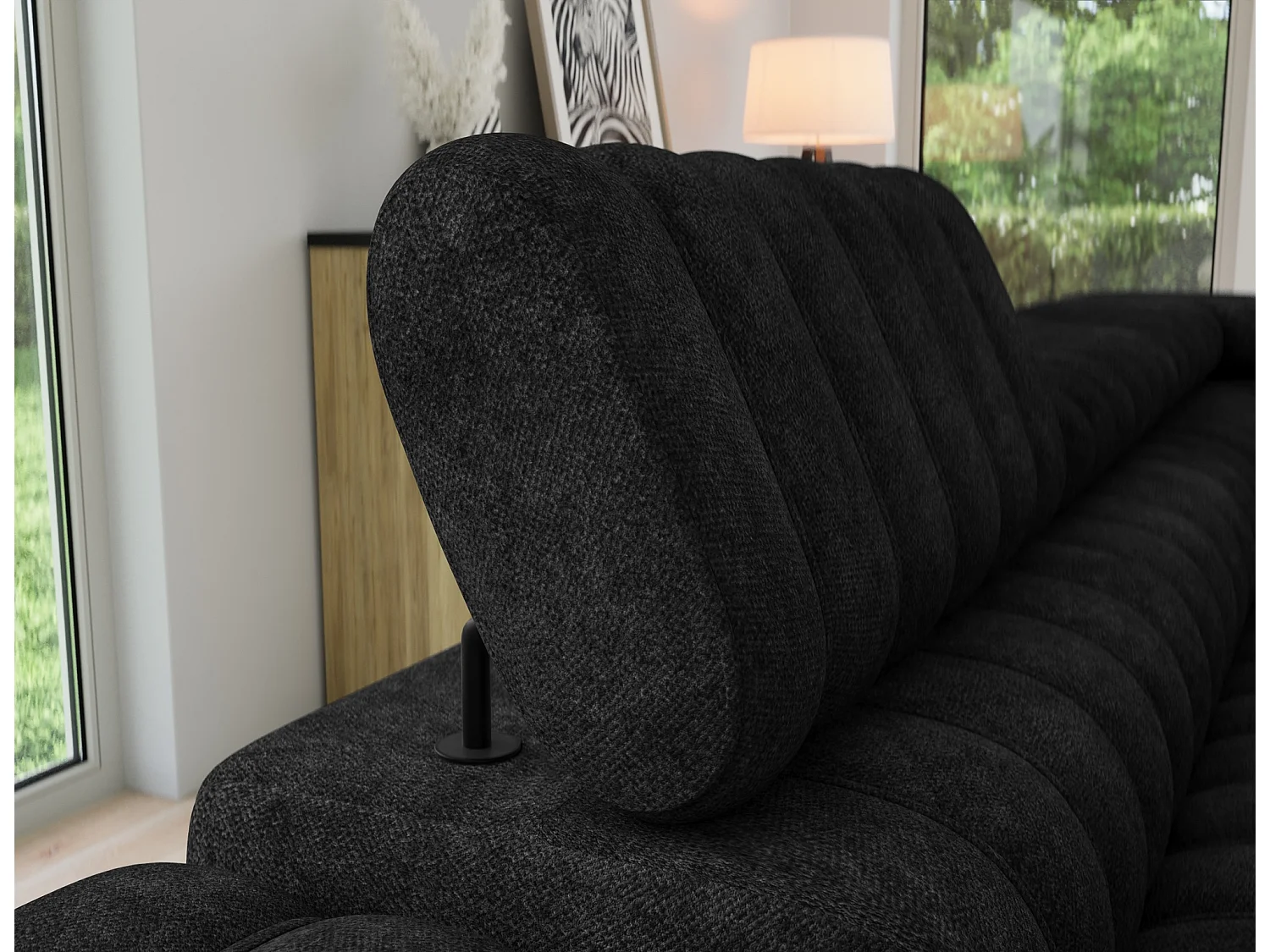 Canapé d’angle convertible KANDO en tissu texturé – 269cm-Noir-angle droit