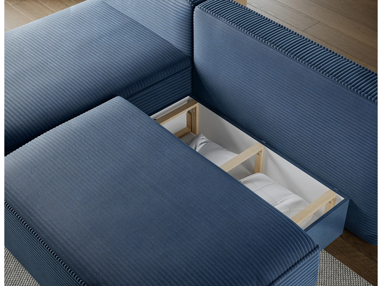 Canapé d'angle gauche 3 places convertible en tissu côtelé bleu VERNA