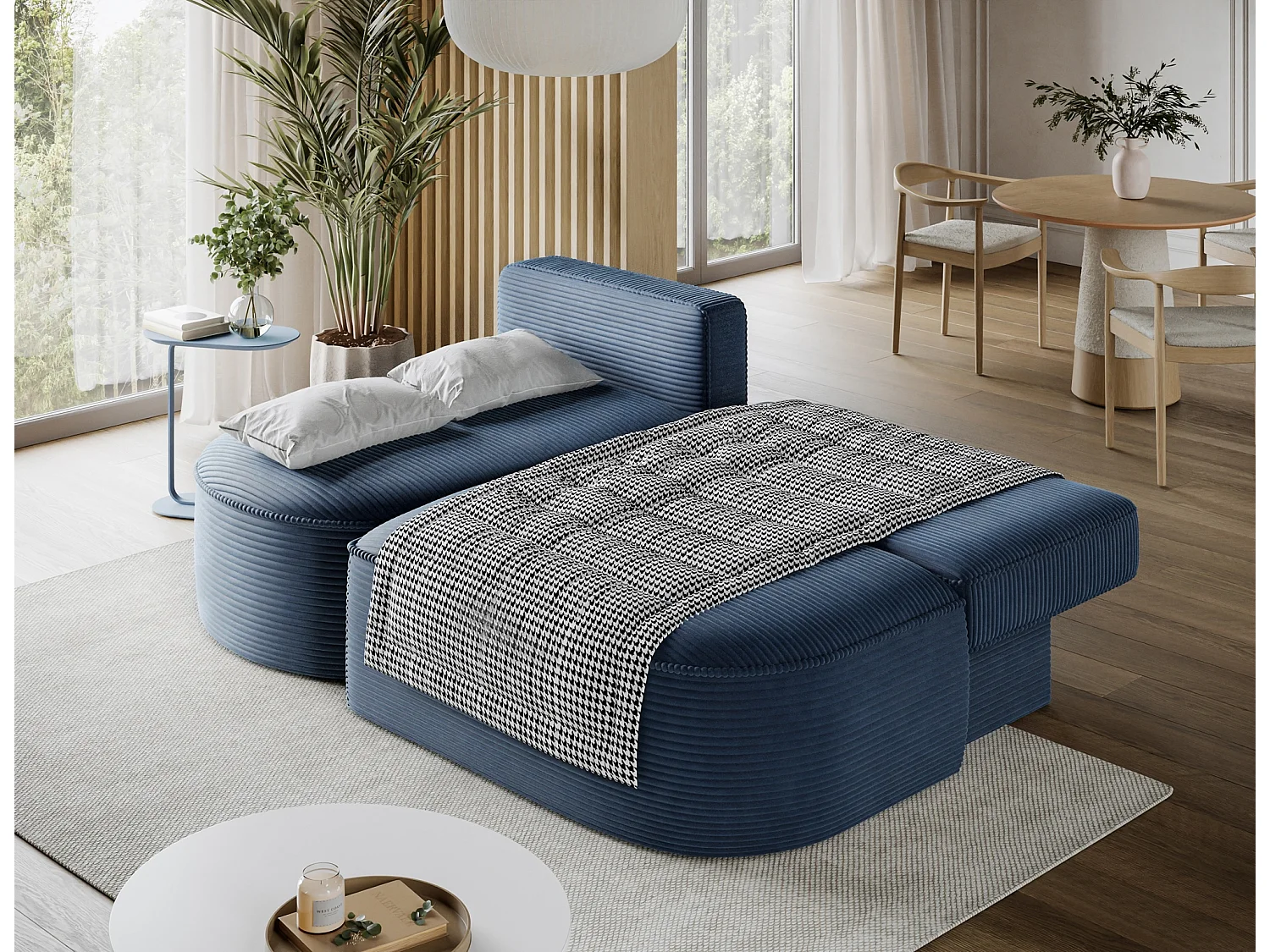 Canapé d'angle gauche 3 places convertible en tissu côtelé bleu VERNA