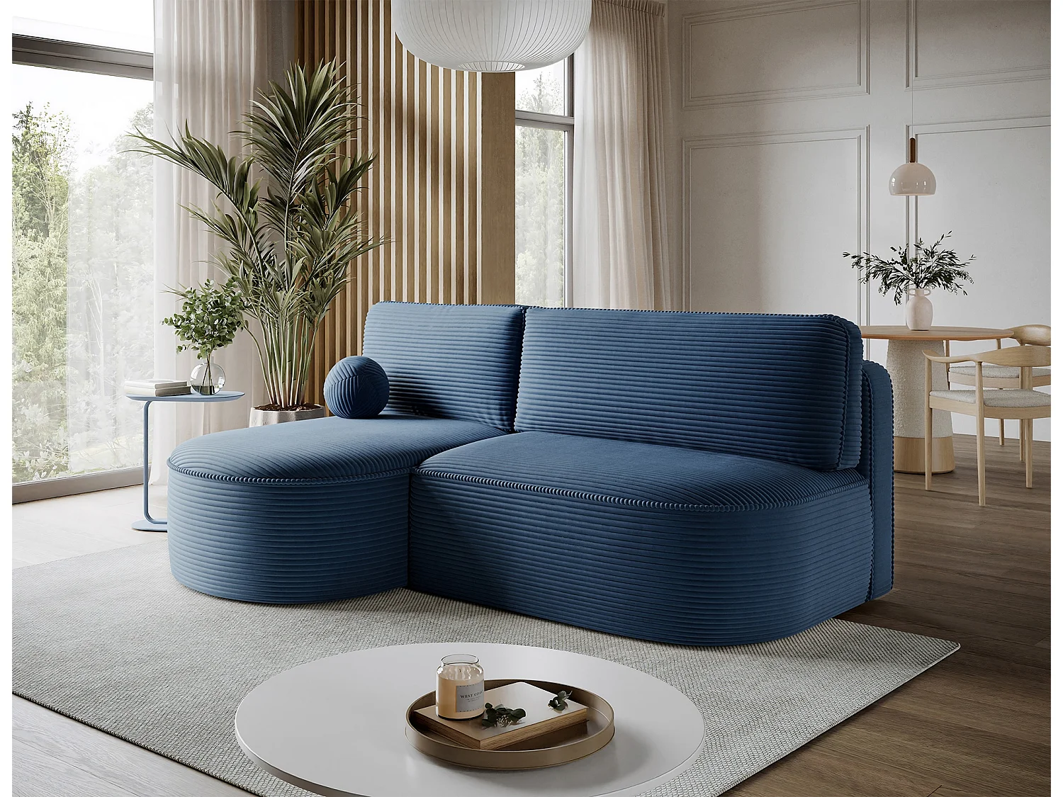 Canapé d'angle gauche 3 places convertible en tissu côtelé bleu VERNA