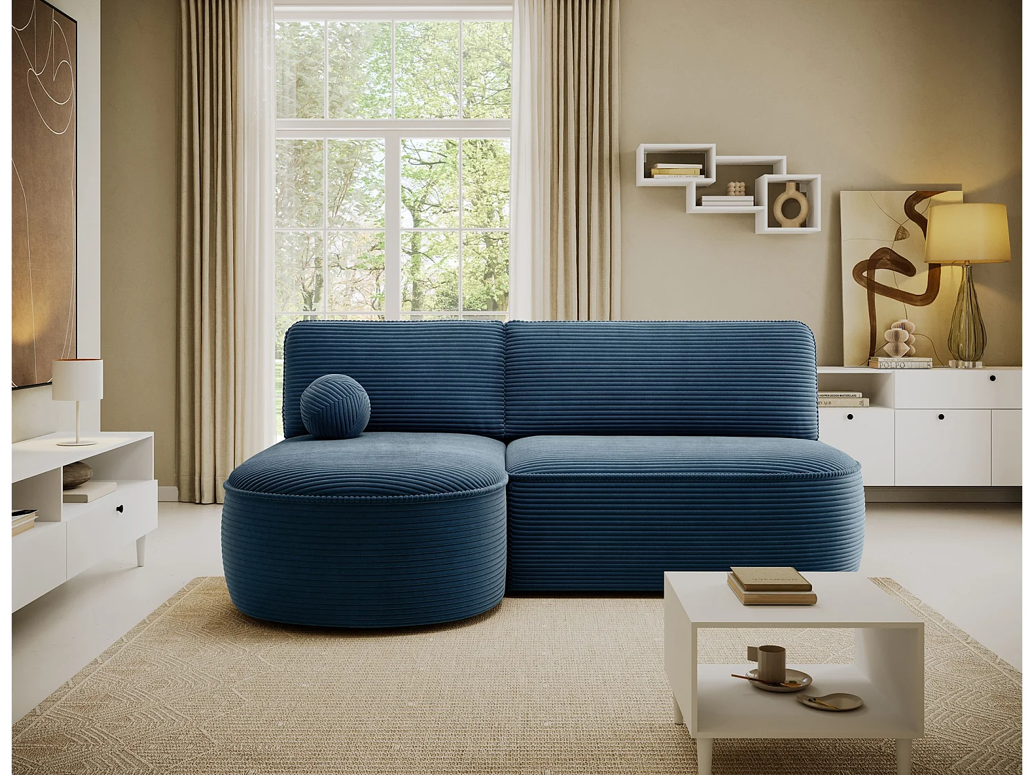 Canapé d'angle gauche 3 places convertible en tissu côtelé bleu VERNA