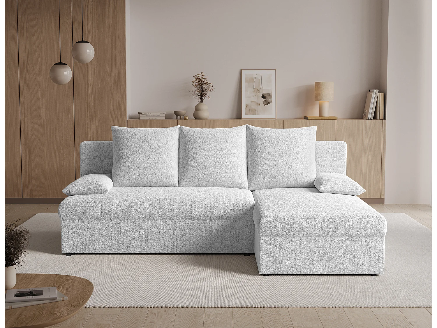 Canapé d’angle réversible convertible GARY en tissu côtelé – 206cm-Blanc