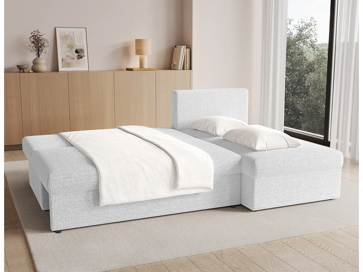 Canapé d’angle réversible convertible GARY en tissu côtelé – 206cm-Blanc
