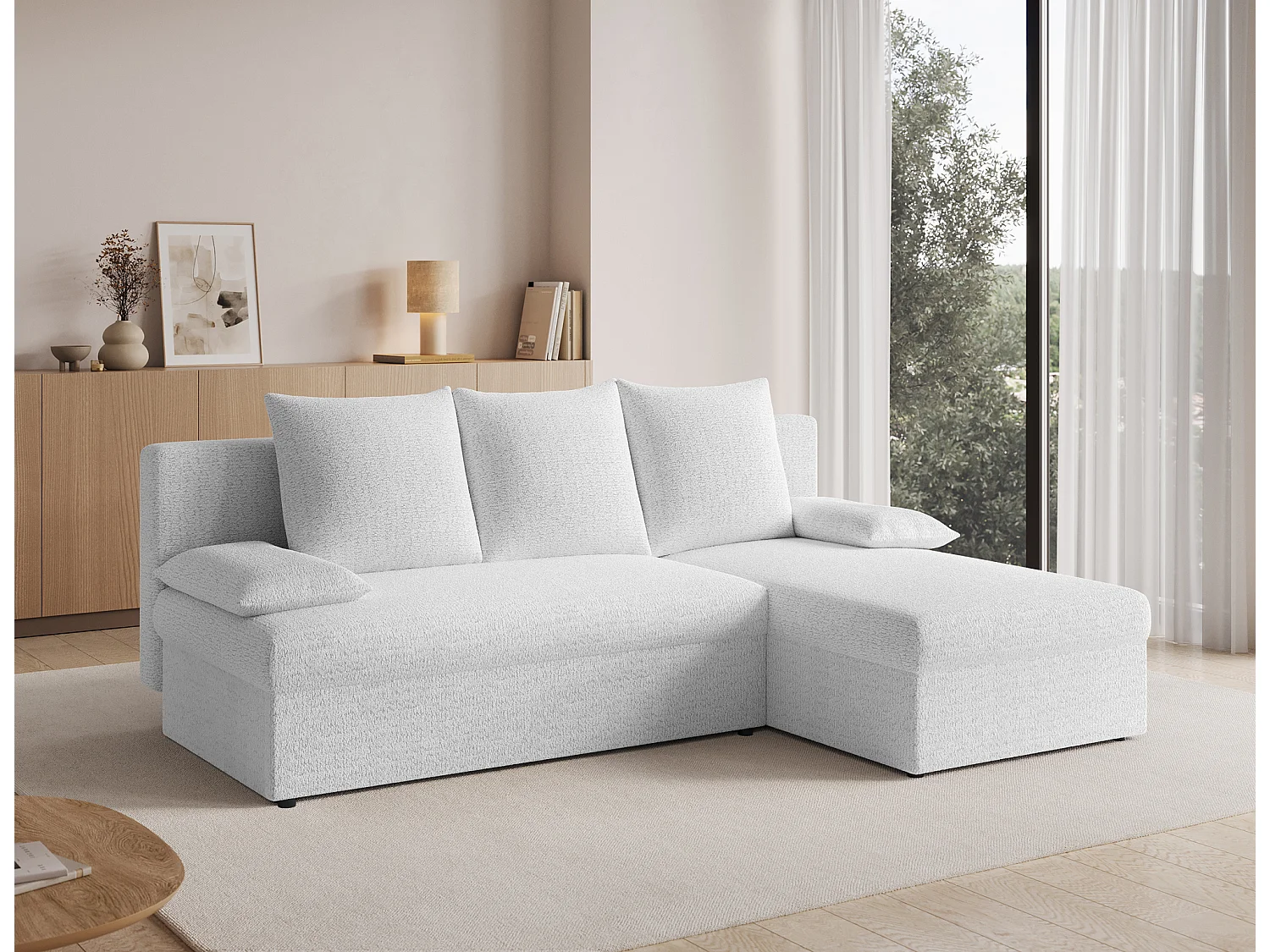 Canapé d’angle réversible convertible GARY en tissu côtelé – 206cm-Blanc