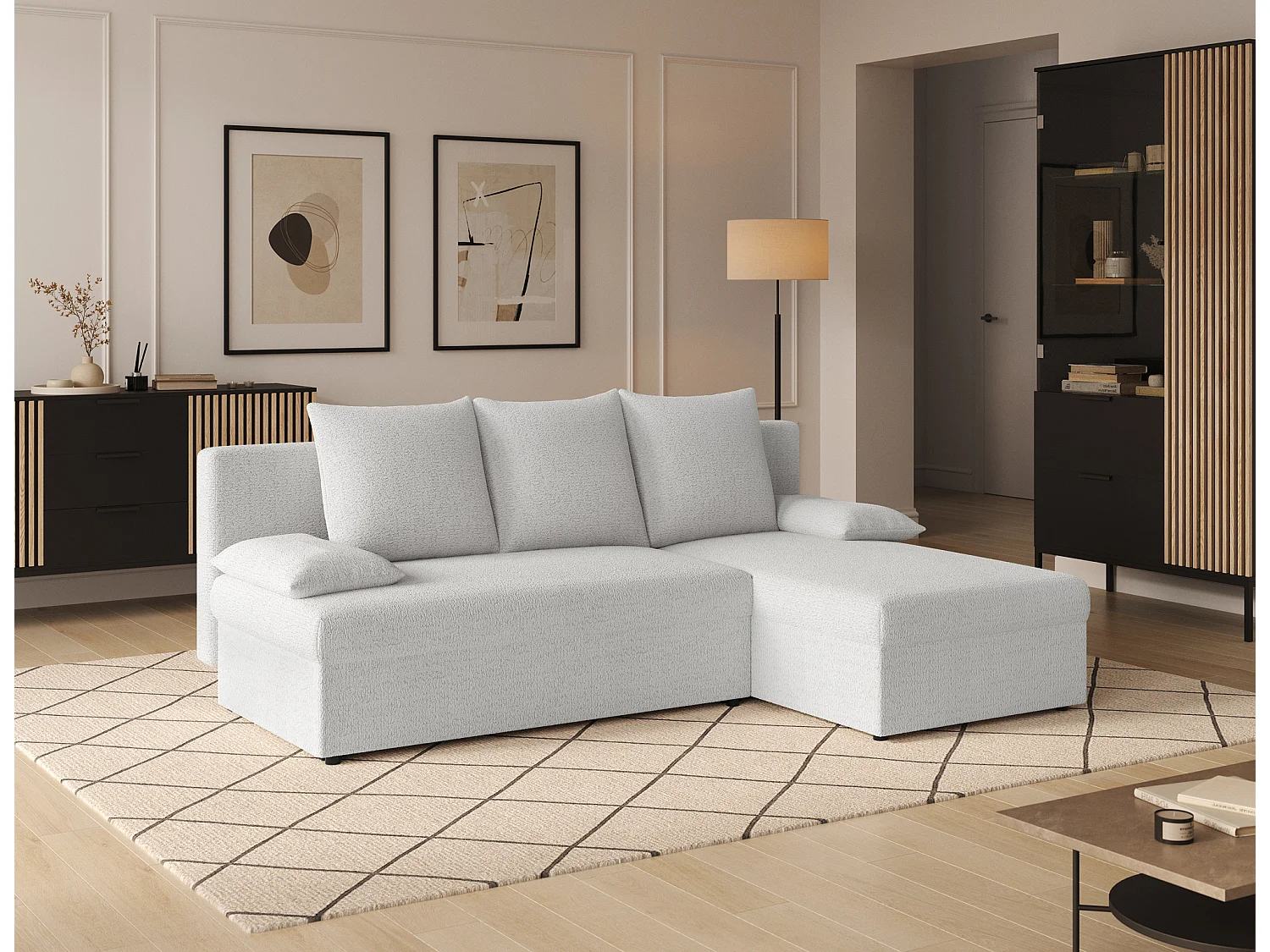 Canapé d’angle réversible convertible GARY en tissu côtelé – 206cm-Blanc
