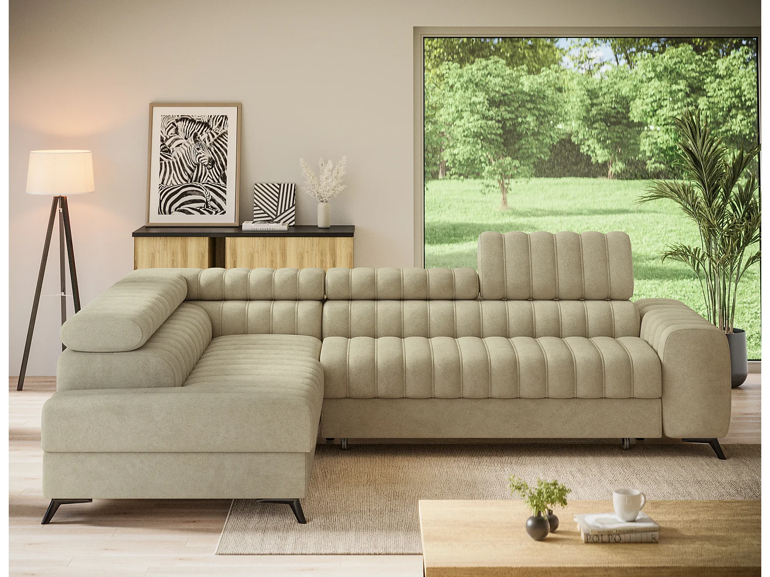 Canapé d'angle gauche convertible 5 places en tissu texturé beige KANDO