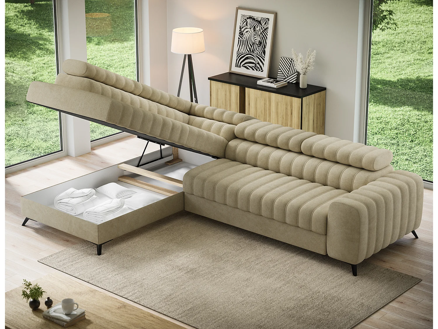 Canapé d'angle gauche convertible 5 places en tissu texturé beige KANDO