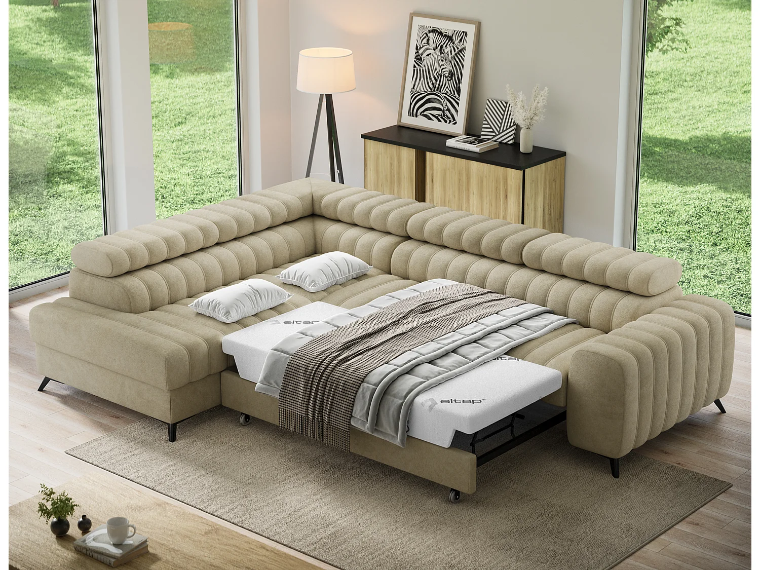 Canapé d'angle gauche convertible 5 places en tissu texturé beige KANDO