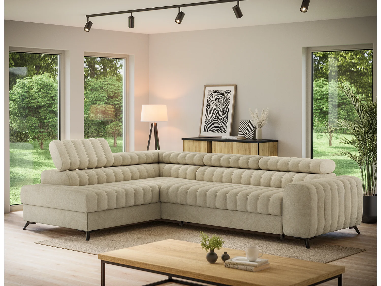 Canapé d'angle gauche convertible 5 places en tissu texturé beige KANDO