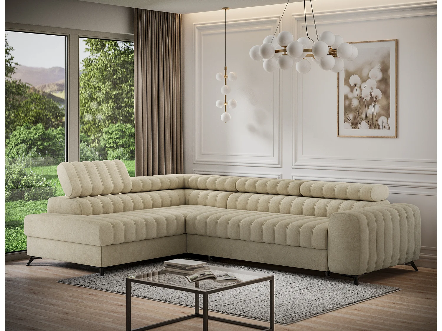 Canapé d'angle gauche convertible 5 places en tissu texturé beige KANDO