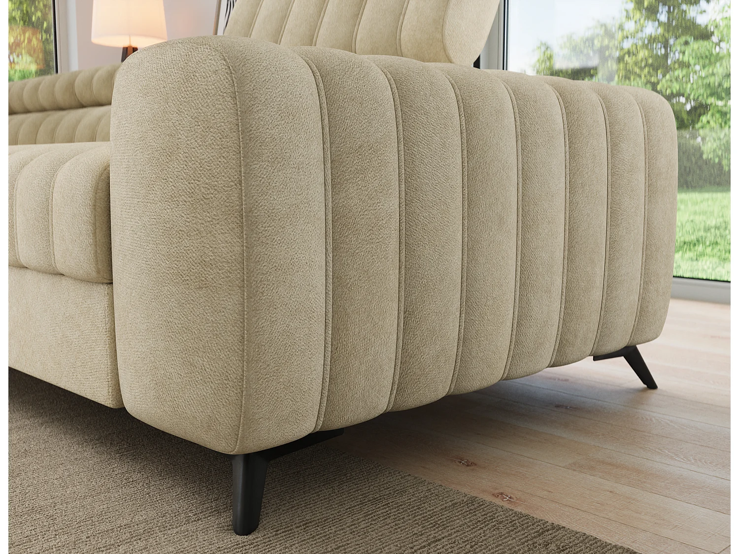 Canapé d'angle gauche convertible 5 places en tissu texturé beige KANDO