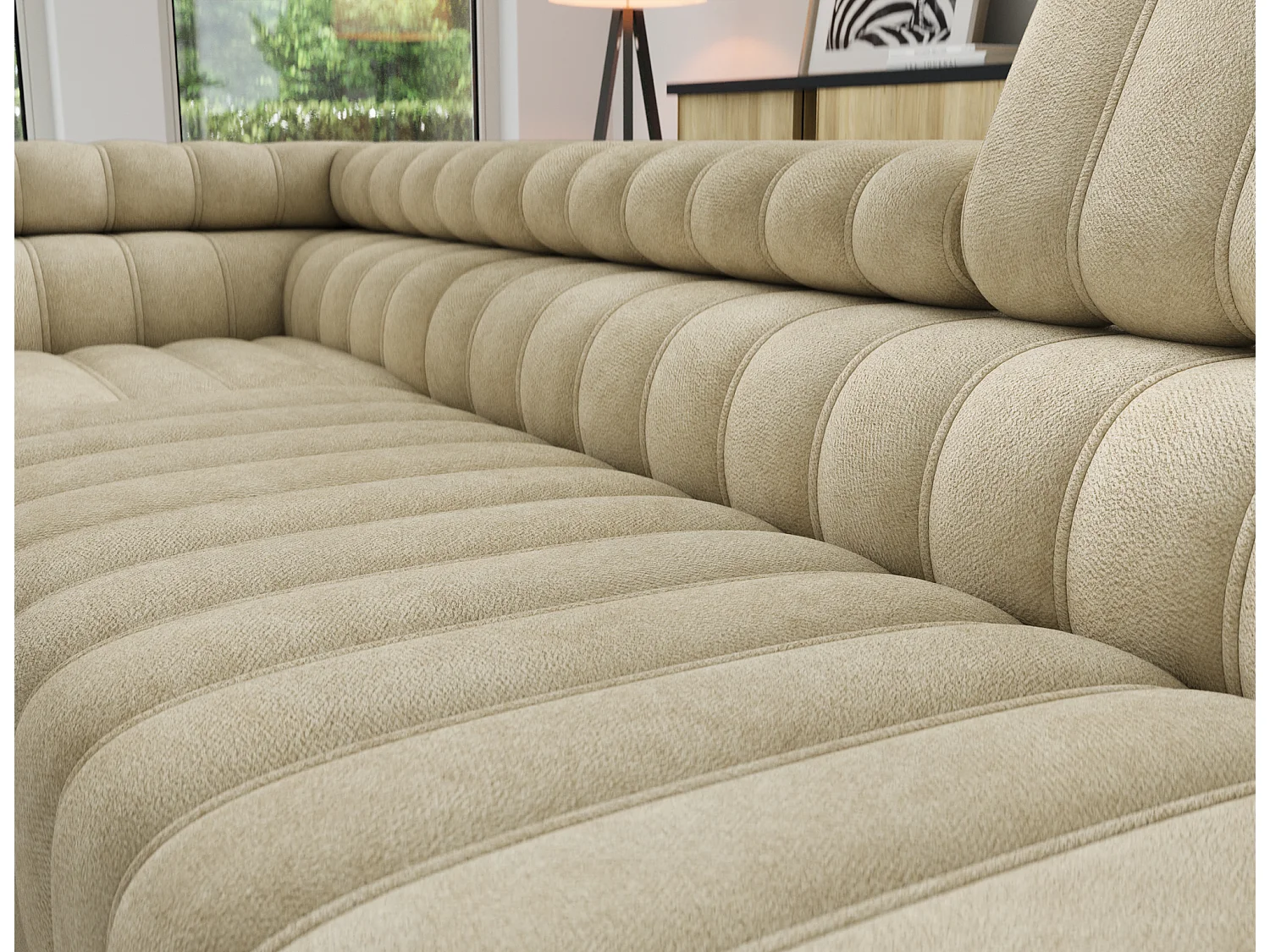 Canapé d'angle gauche convertible 5 places en tissu texturé beige KANDO