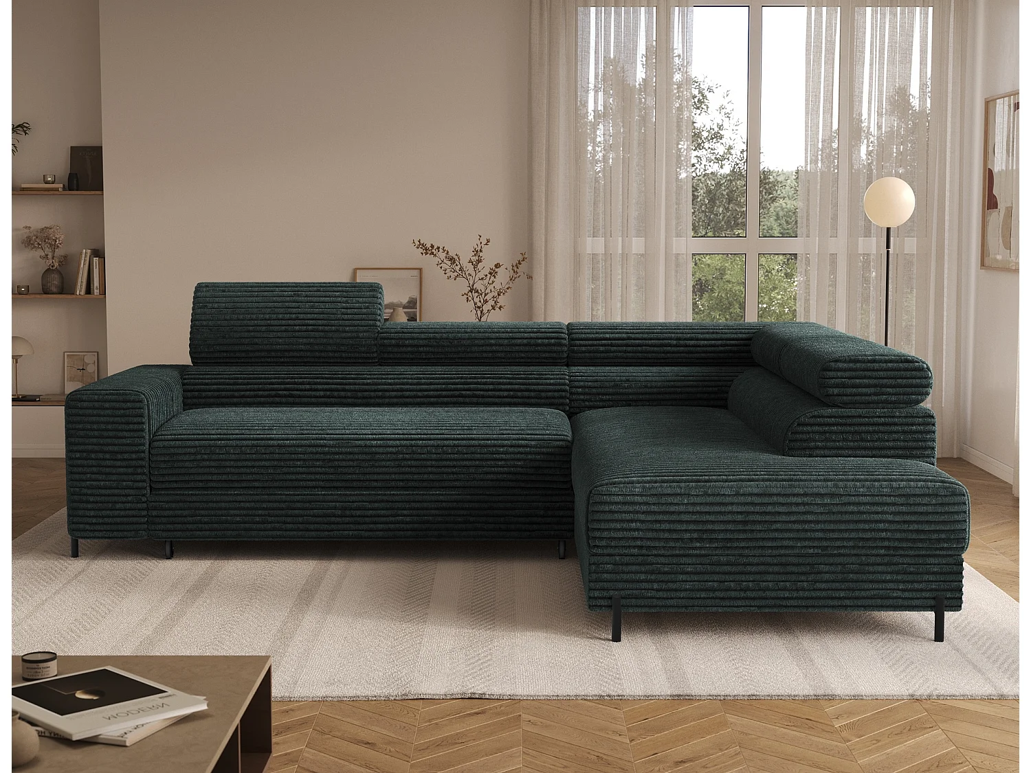 Canapé d’angle convertible KOLEZO en tissu côtelé avec coffre et têtières réglables – 274cm-Vert foncé-angle droit
