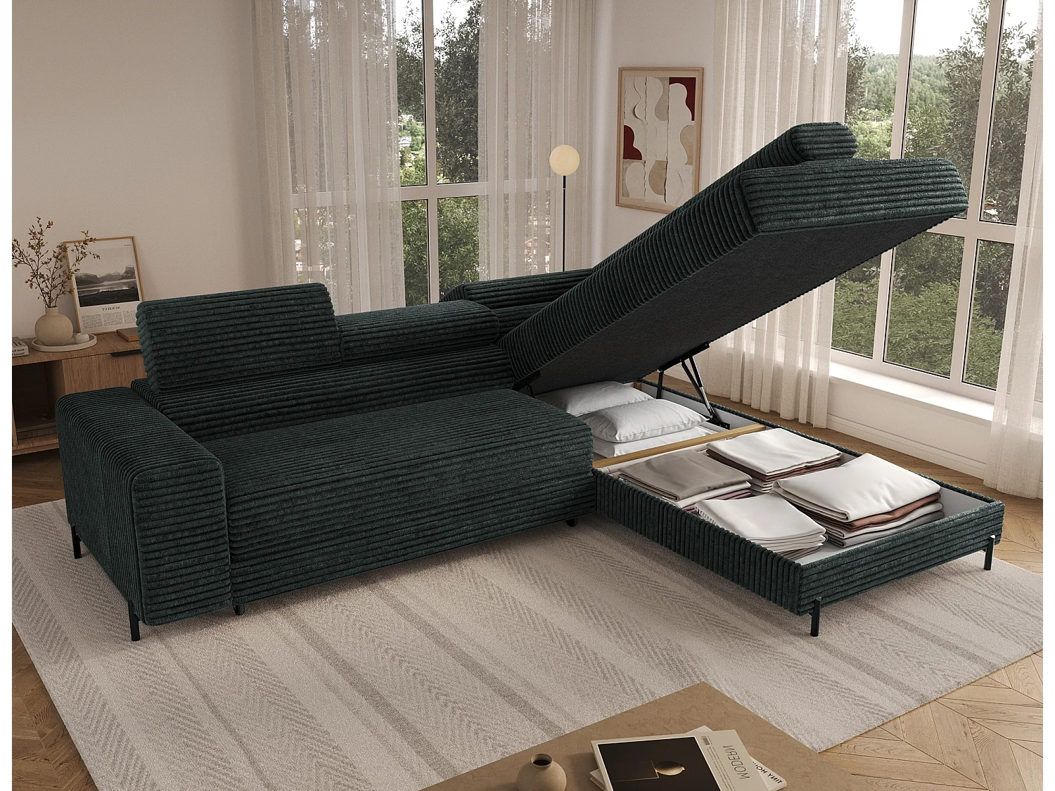 Canapé d’angle convertible KOLEZO en tissu côtelé avec coffre et têtières réglables – 274cm-Vert foncé-angle droit