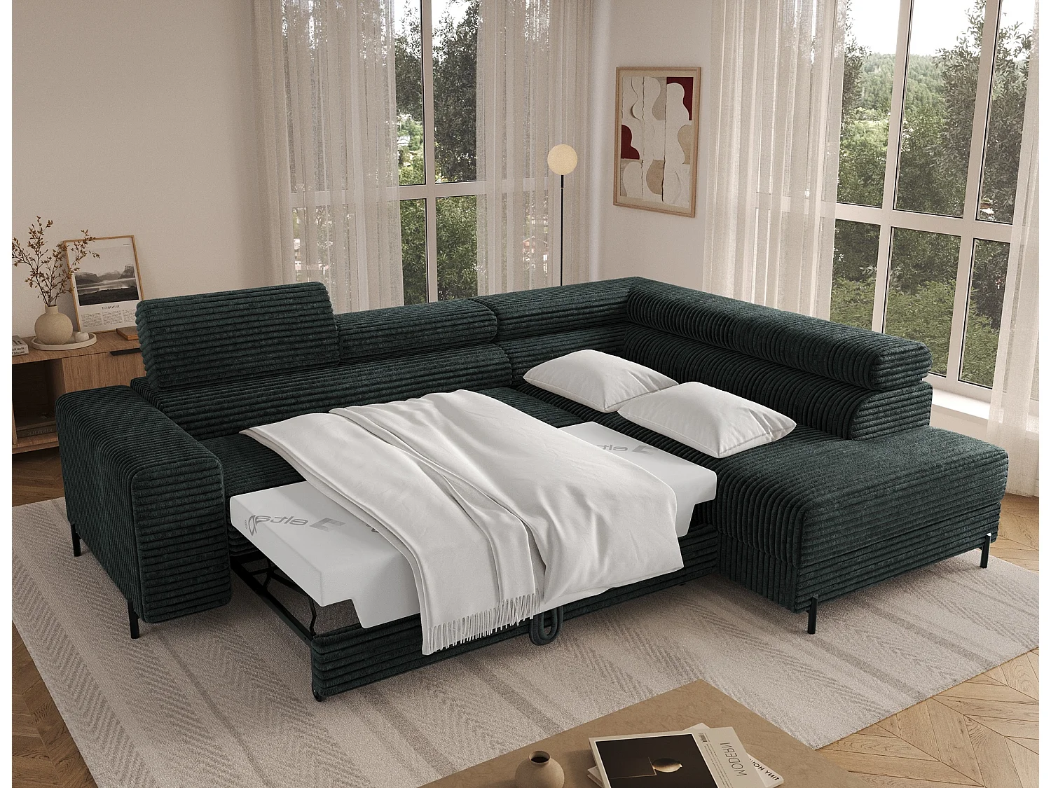 Canapé d’angle convertible KOLEZO en tissu côtelé avec coffre et têtières réglables – 274cm-Vert foncé-angle droit