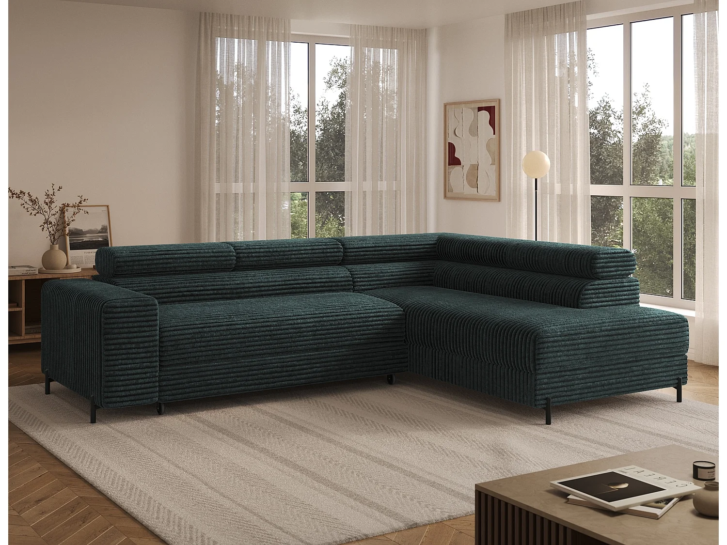 Canapé d’angle convertible KOLEZO en tissu côtelé avec coffre et têtières réglables – 274cm-Vert foncé-angle droit