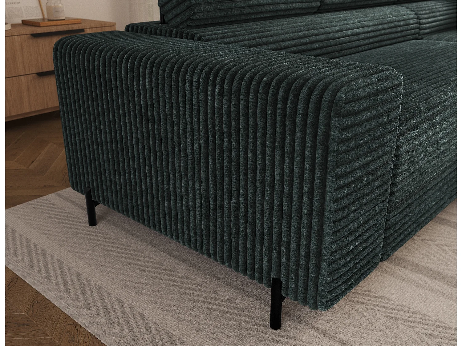 Canapé d’angle convertible KOLEZO en tissu côtelé avec coffre et têtières réglables – 274cm-Vert foncé-angle droit