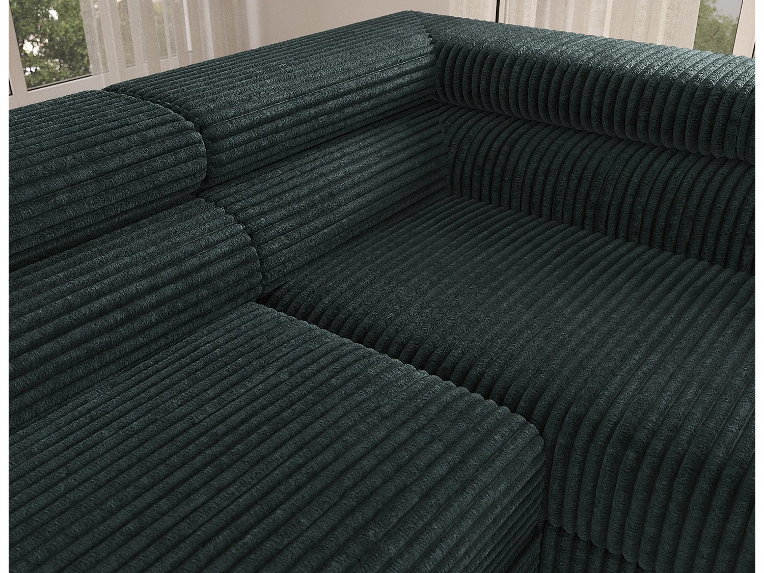 Canapé d’angle convertible KOLEZO en tissu côtelé avec coffre et têtières réglables – 274cm-Vert foncé-angle droit