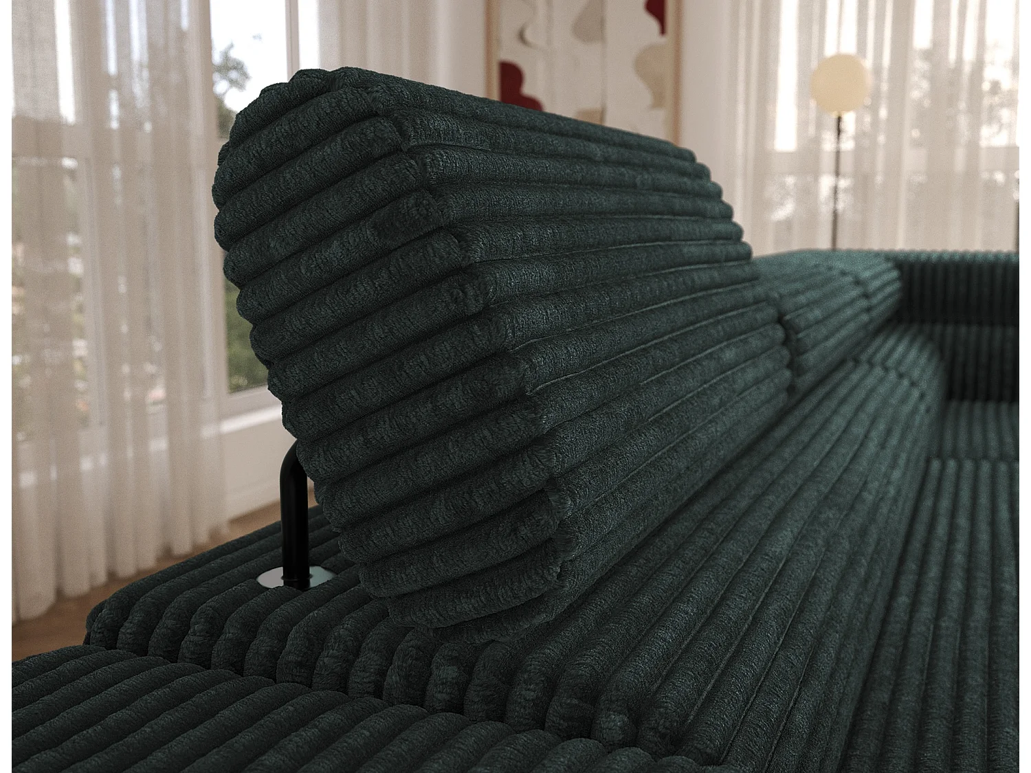 Canapé d’angle convertible KOLEZO en tissu côtelé avec coffre et têtières réglables – 274cm-Vert foncé-angle droit