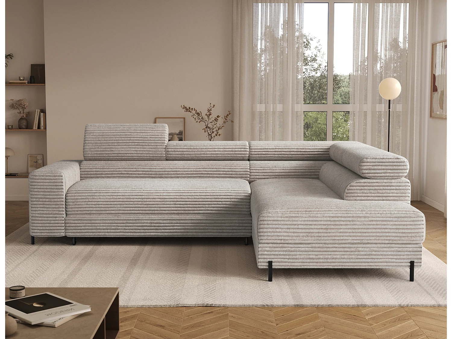 Canapé d’angle convertible KOLEZO en tissu côtelé avec coffre et têtières réglables – 274cm-Blanc cassé-angle droit