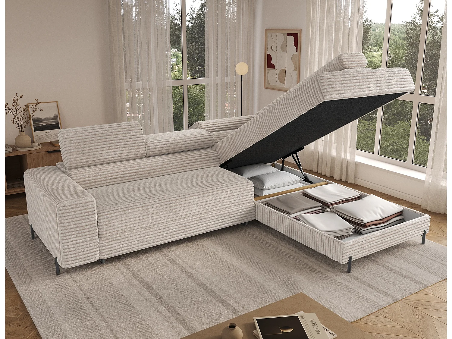 Canapé d’angle convertible KOLEZO en tissu côtelé avec coffre et têtières réglables – 274cm-Blanc cassé-angle droit
