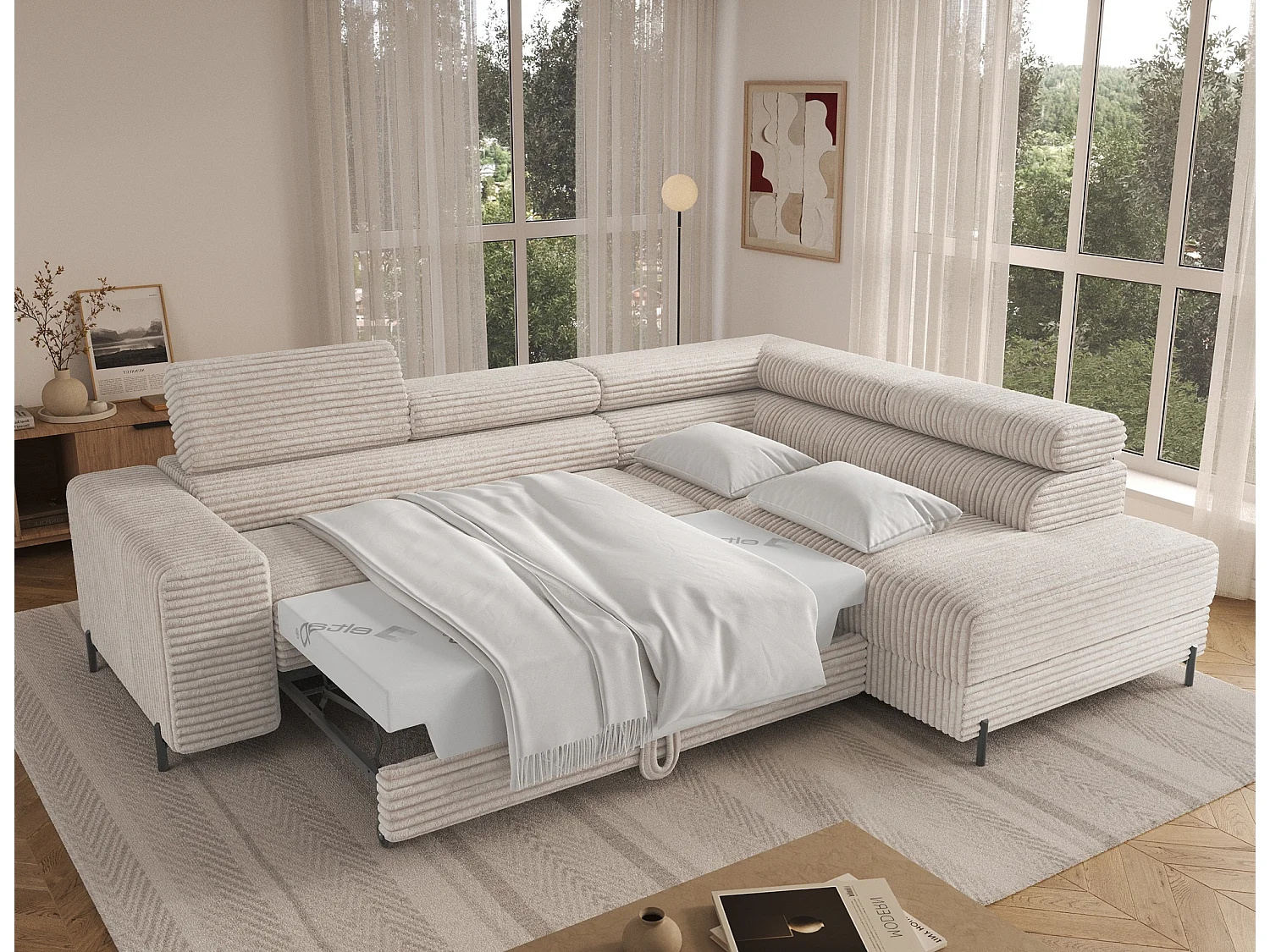 Canapé d’angle convertible KOLEZO en tissu côtelé avec coffre et têtières réglables – 274cm-Blanc cassé-angle droit
