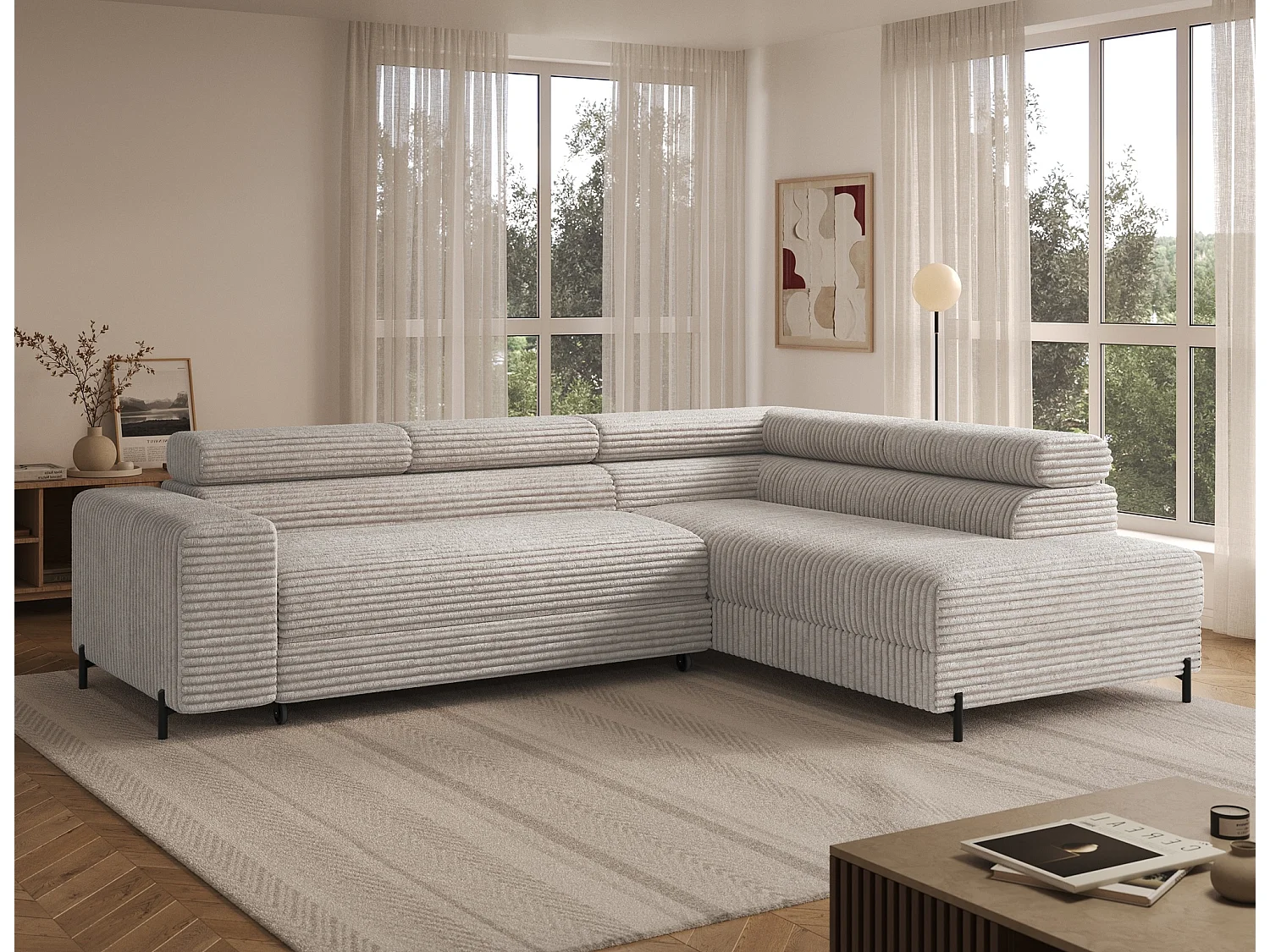 Canapé d’angle convertible KOLEZO en tissu côtelé avec coffre et têtières réglables – 274cm-Blanc cassé-angle droit