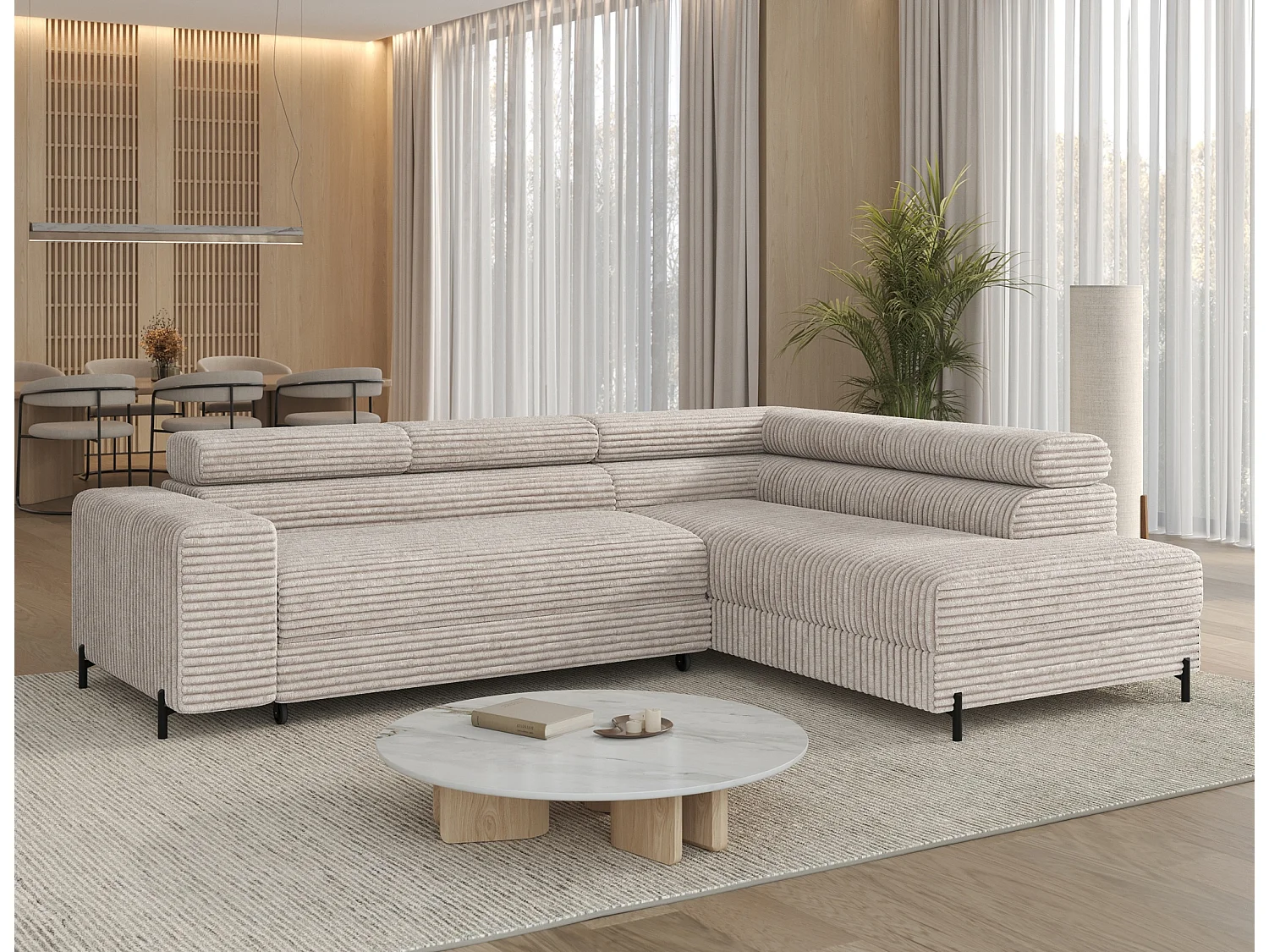 Canapé d’angle convertible KOLEZO en tissu côtelé avec coffre et têtières réglables – 274cm-Blanc cassé-angle droit