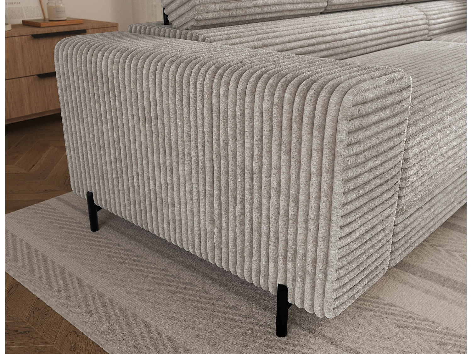 Canapé d’angle convertible KOLEZO en tissu côtelé avec coffre et têtières réglables – 274cm-Blanc cassé-angle droit