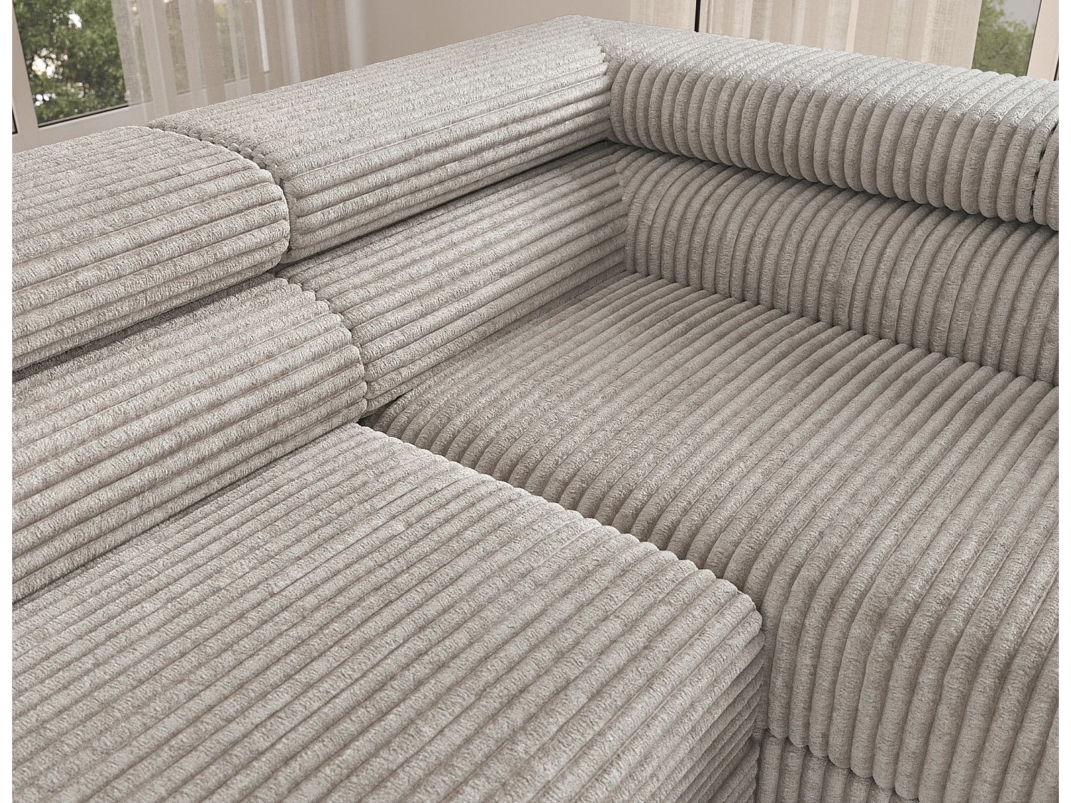 Canapé d’angle convertible KOLEZO en tissu côtelé avec coffre et têtières réglables – 274cm-Blanc cassé-angle droit