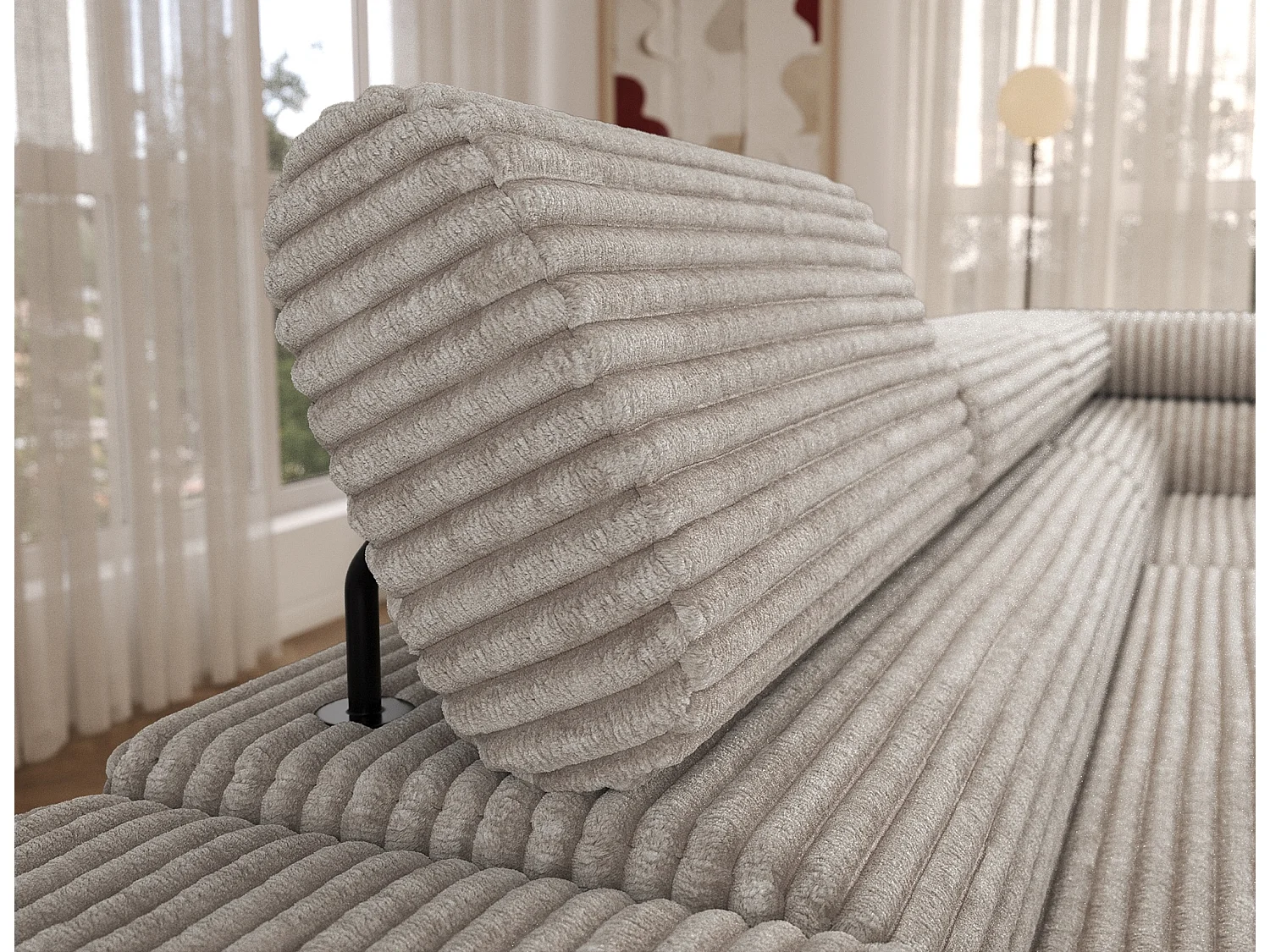 Canapé d’angle convertible KOLEZO en tissu côtelé avec coffre et têtières réglables – 274cm-Blanc cassé-angle droit