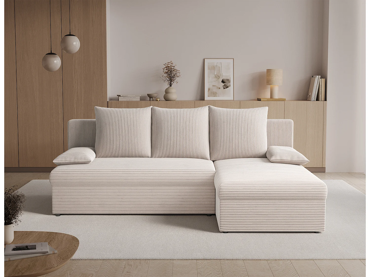 Canapé d’angle réversible convertible GARY en tissu côtelé – 206cm-Beige clair