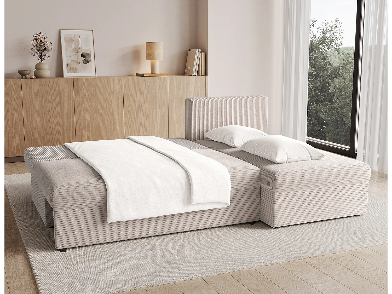 Canapé d’angle réversible convertible GARY en tissu côtelé – 206cm-Beige clair