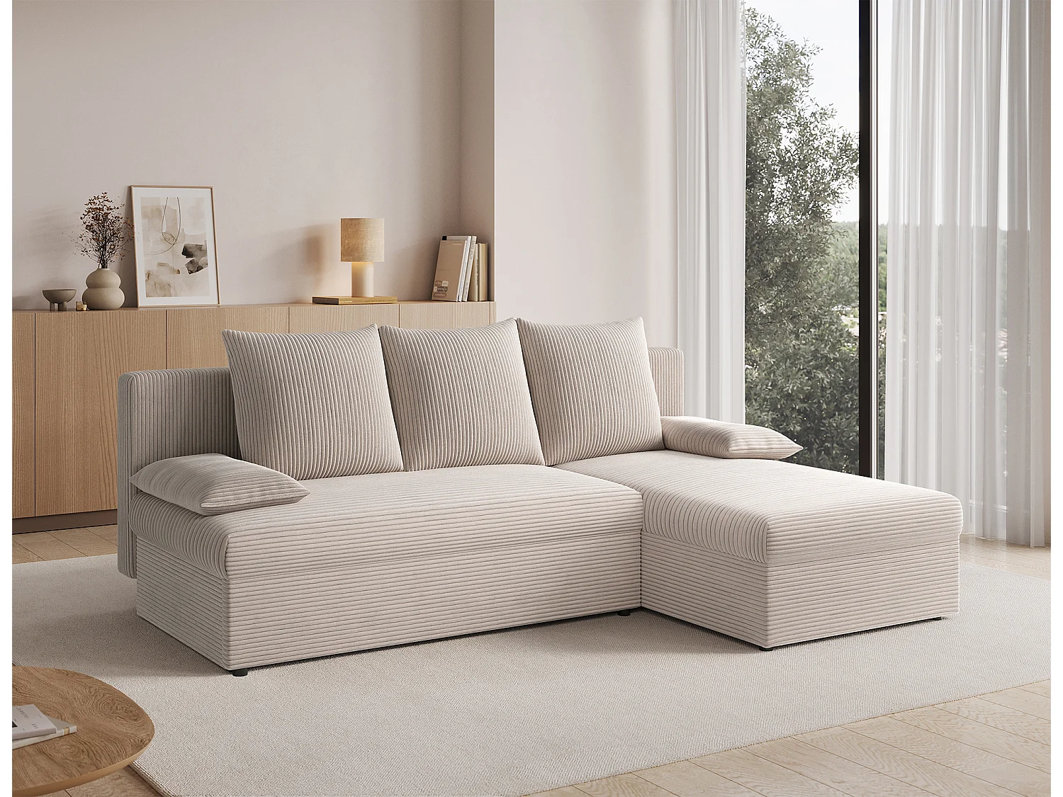 Canapé d’angle réversible convertible GARY en tissu côtelé – 206cm-Beige clair