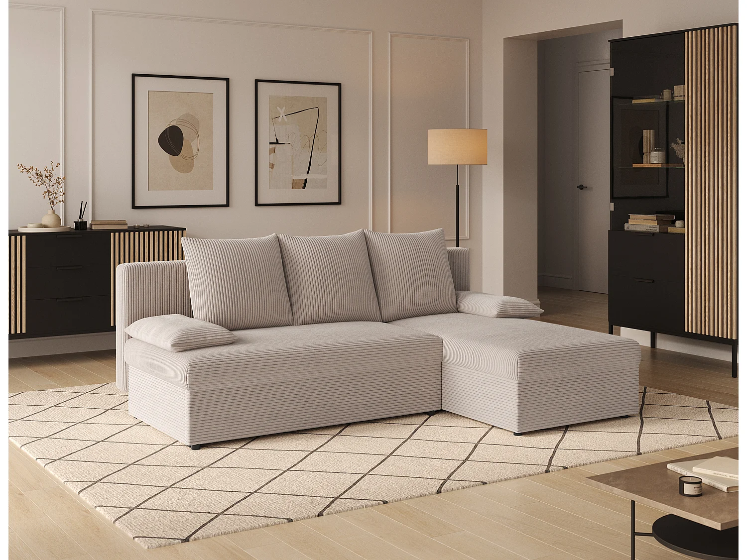 Canapé d’angle réversible convertible GARY en tissu côtelé – 206cm-Beige clair