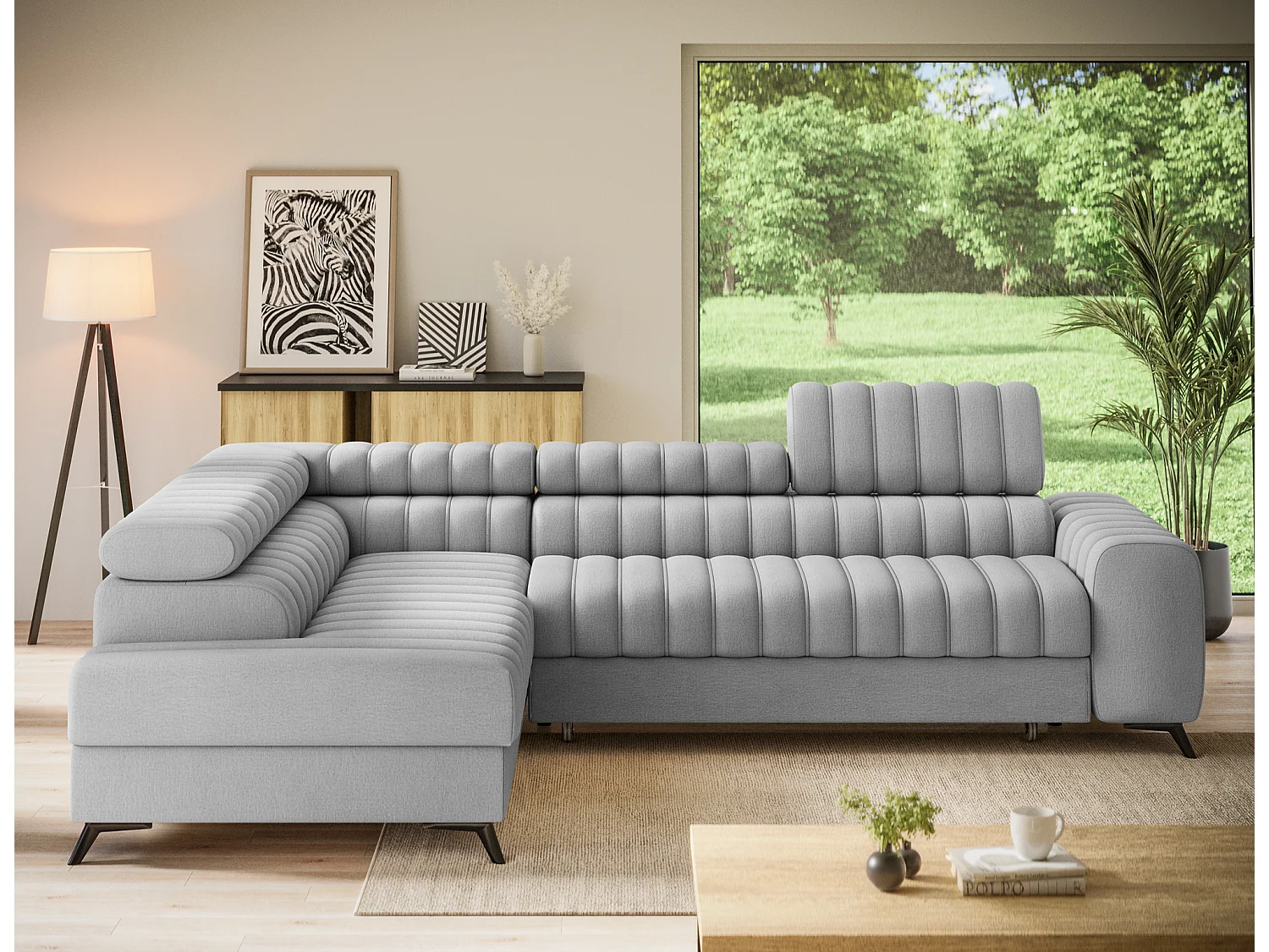 Canapé d’angle convertible KANDO en tissu texturé – 269cm-Gris clair-angle gauche