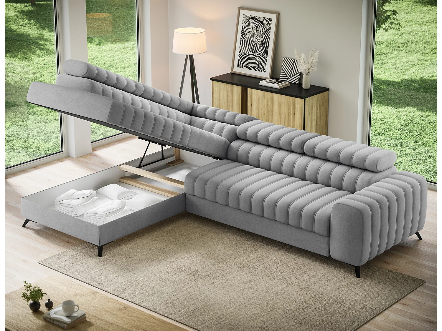 Canapé d’angle convertible KANDO en tissu texturé – 269cm-Gris clair-angle gauche