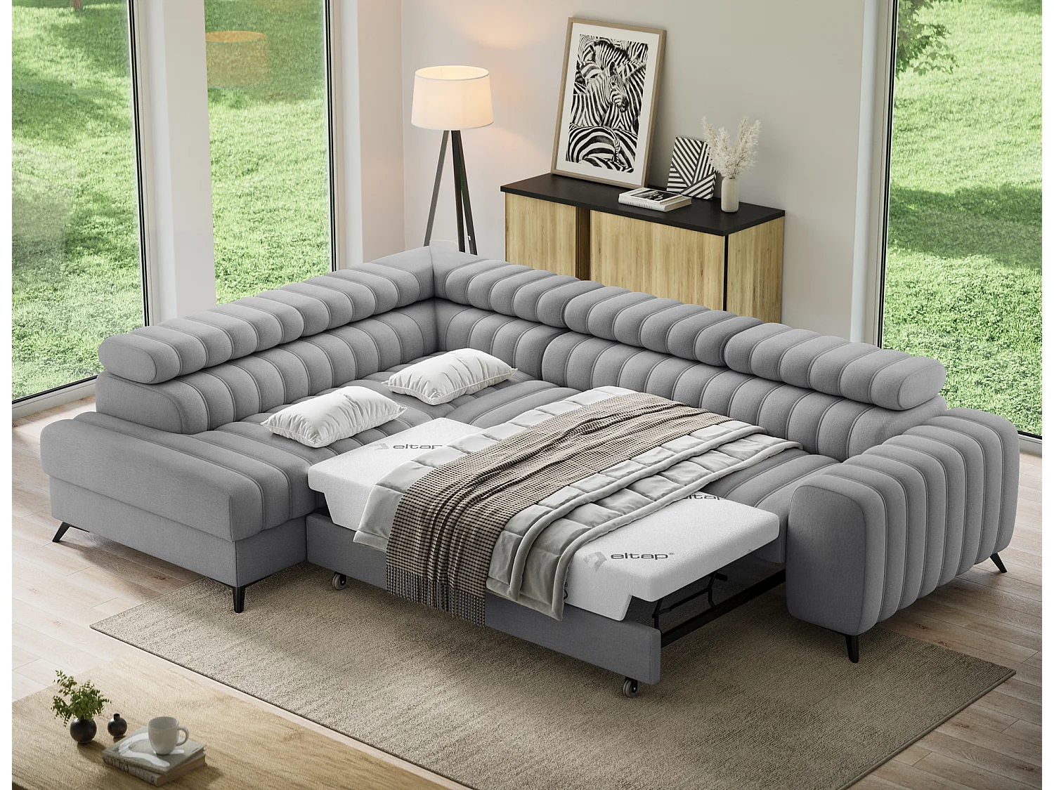 Canapé d’angle convertible KANDO en tissu texturé – 269cm-Gris clair-angle gauche