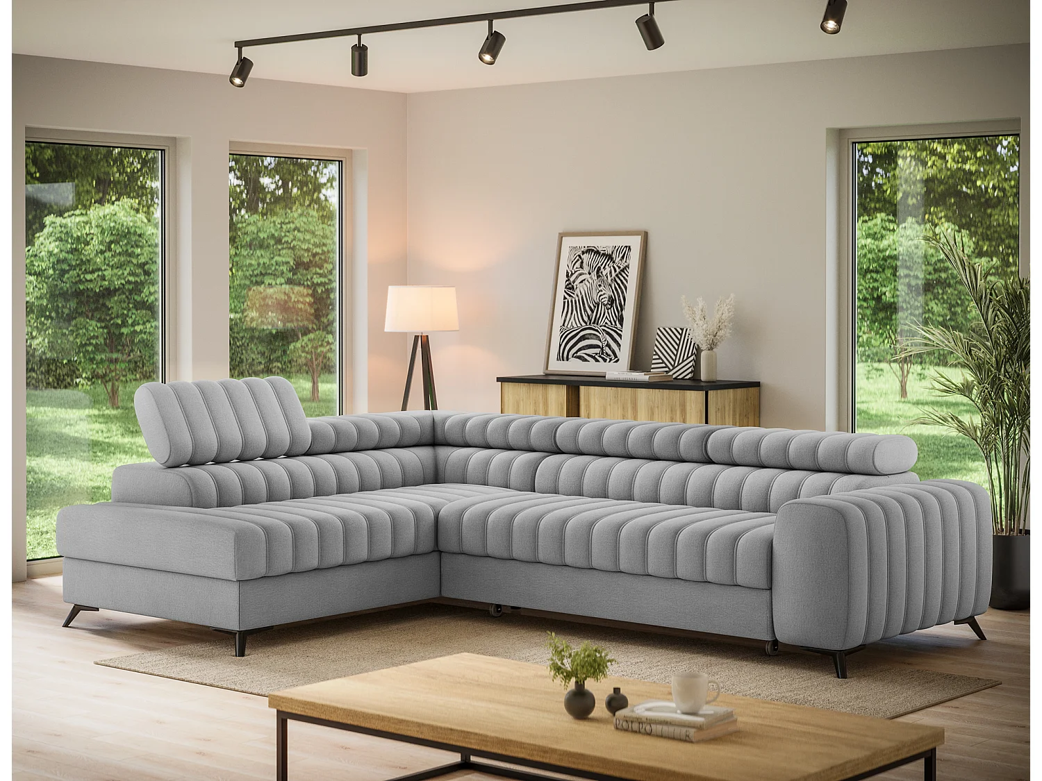 Canapé d’angle convertible KANDO en tissu texturé – 269cm-Gris clair-angle gauche
