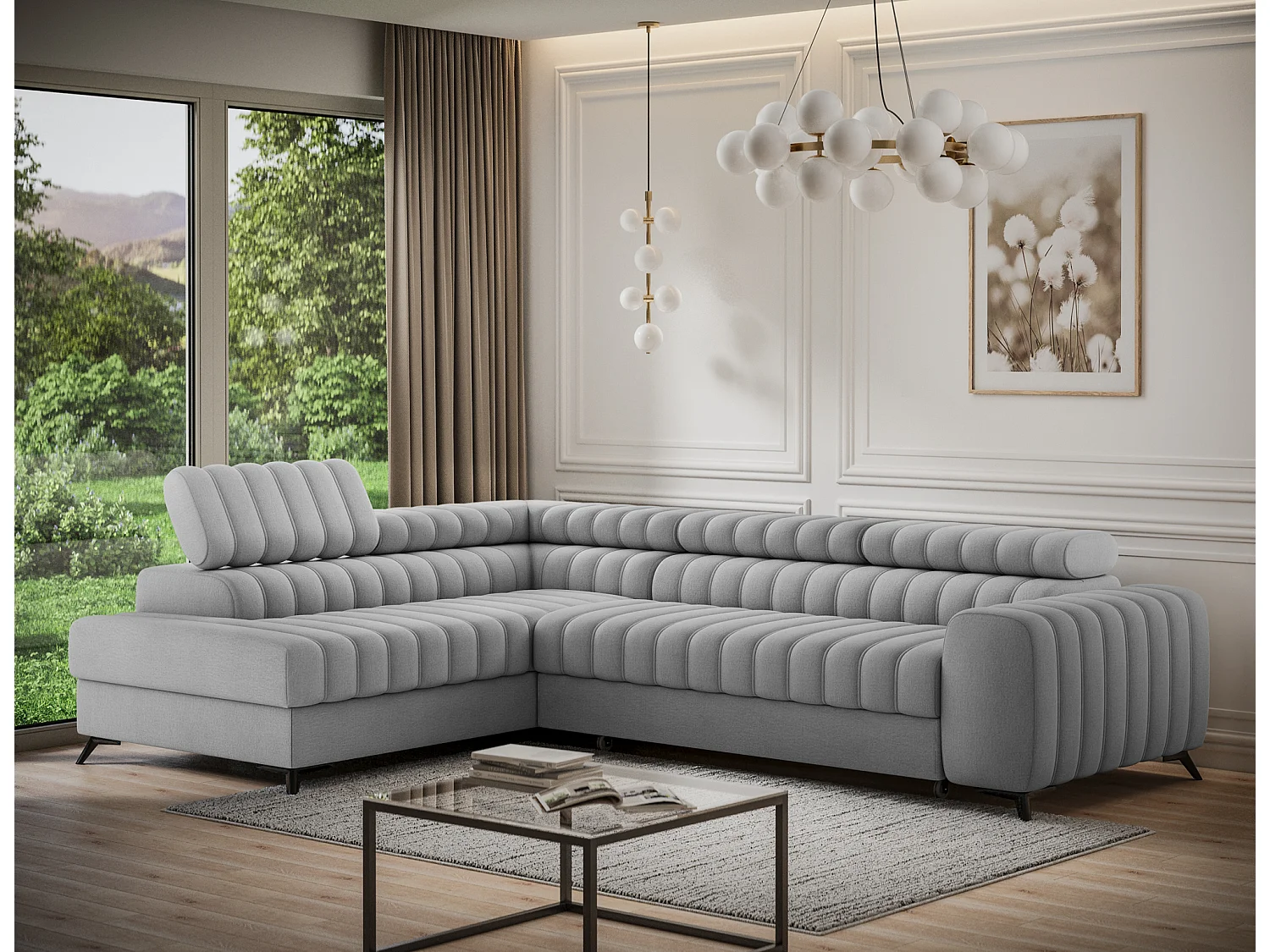 Canapé d’angle convertible KANDO en tissu texturé – 269cm-Gris clair-angle gauche
