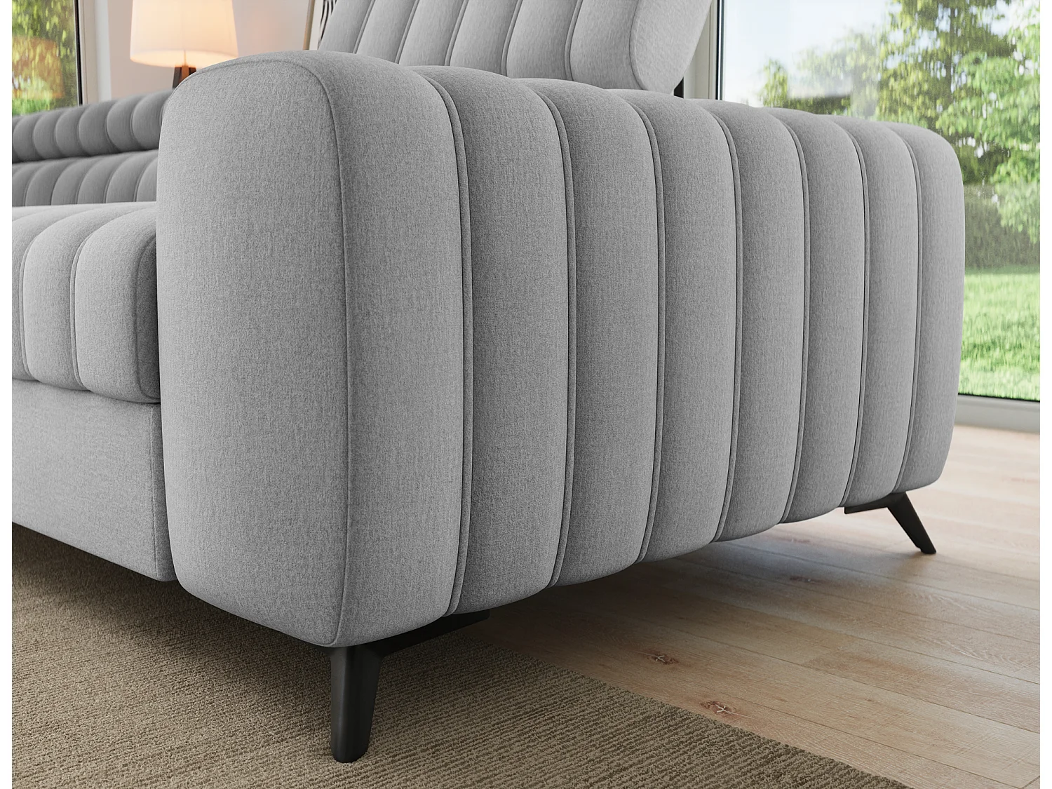 Canapé d’angle convertible KANDO en tissu texturé – 269cm-Gris clair-angle gauche