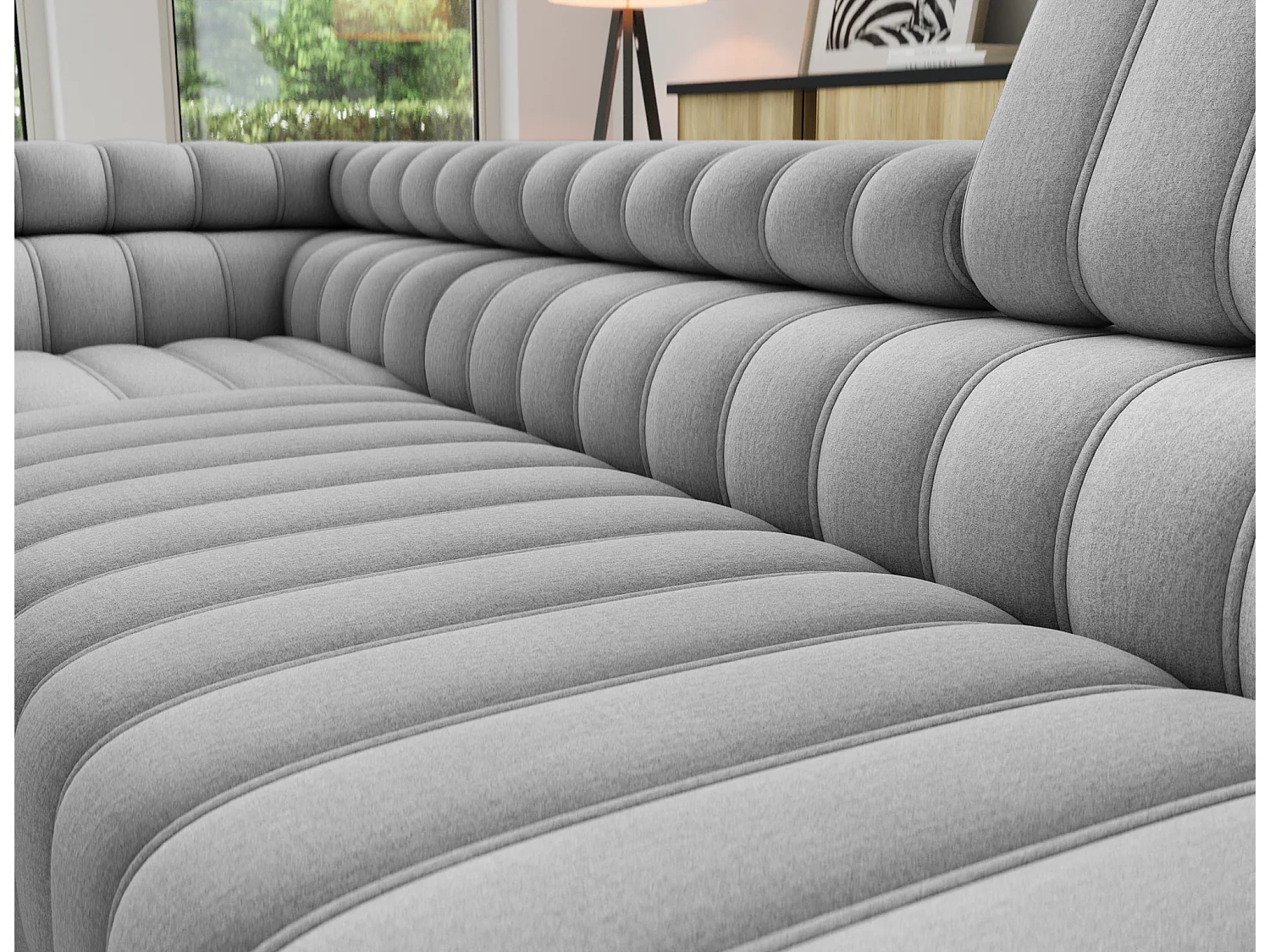 Canapé d’angle convertible KANDO en tissu texturé – 269cm-Gris clair-angle gauche