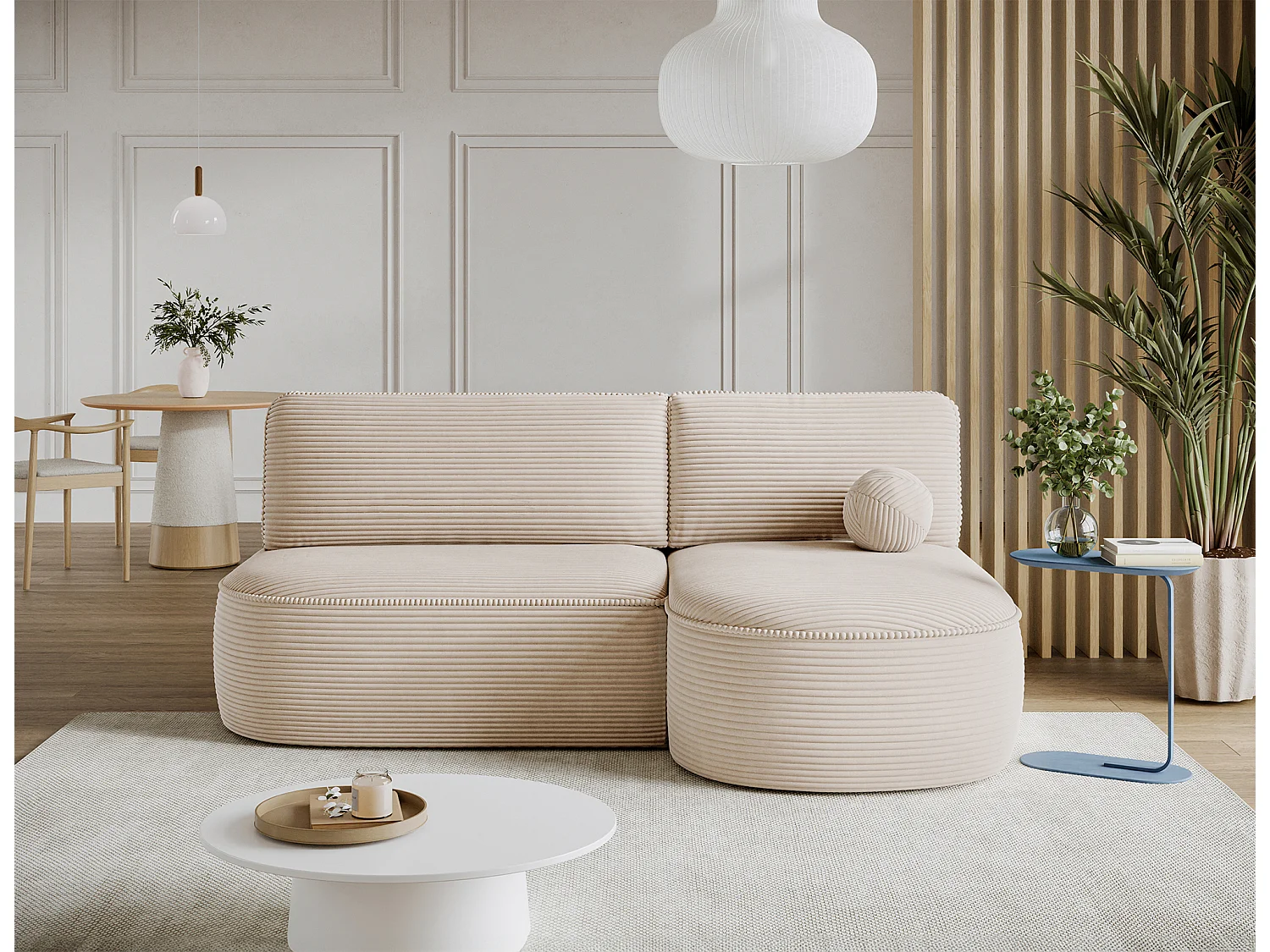 Canapé d'angle droit 3 places convertible en tissu côtelé beige VERNA