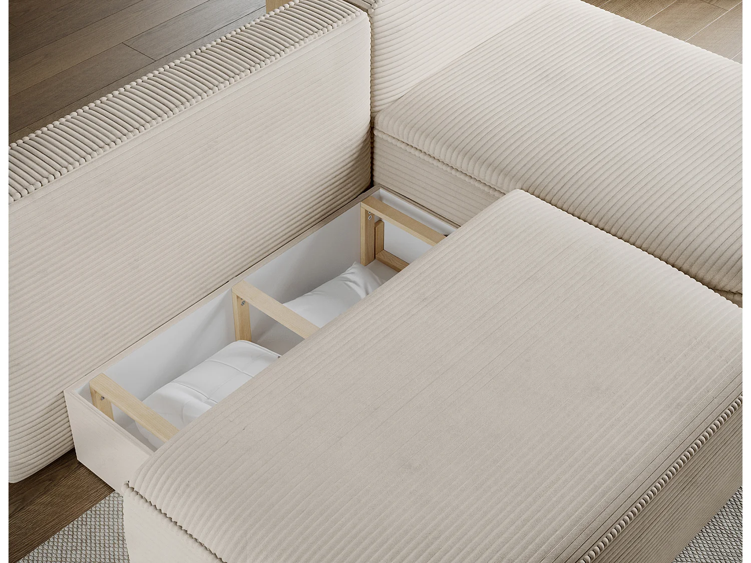 Canapé d'angle droit 3 places convertible en tissu côtelé beige VERNA