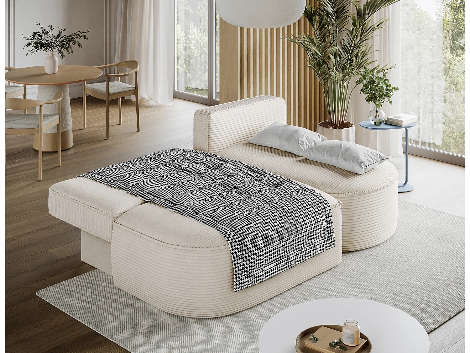 Canapé d'angle droit 3 places convertible en tissu côtelé beige VERNA
