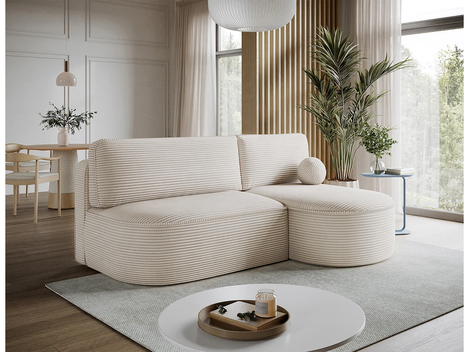 Canapé d'angle droit 3 places convertible en tissu côtelé beige VERNA