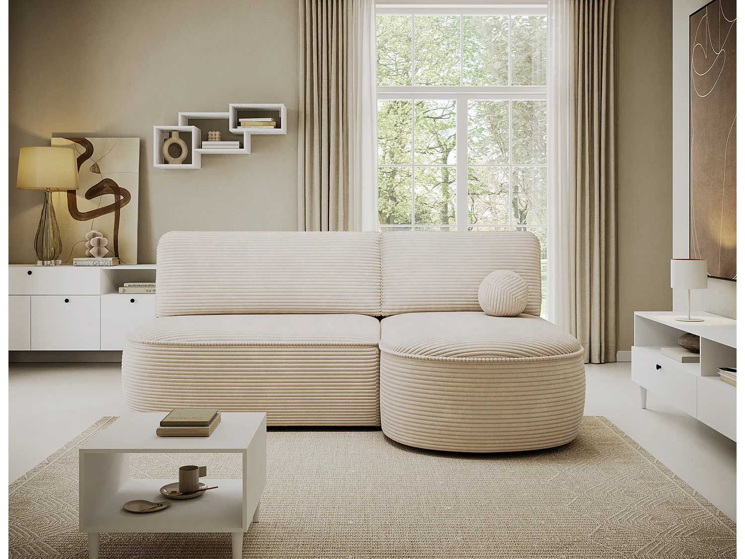 Canapé d'angle droit 3 places convertible en tissu côtelé beige VERNA
