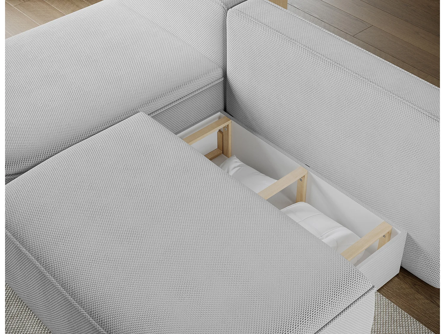 Canapé d’angle convertible VERNA en tissu – 220cm-Gris clair-angle gauche