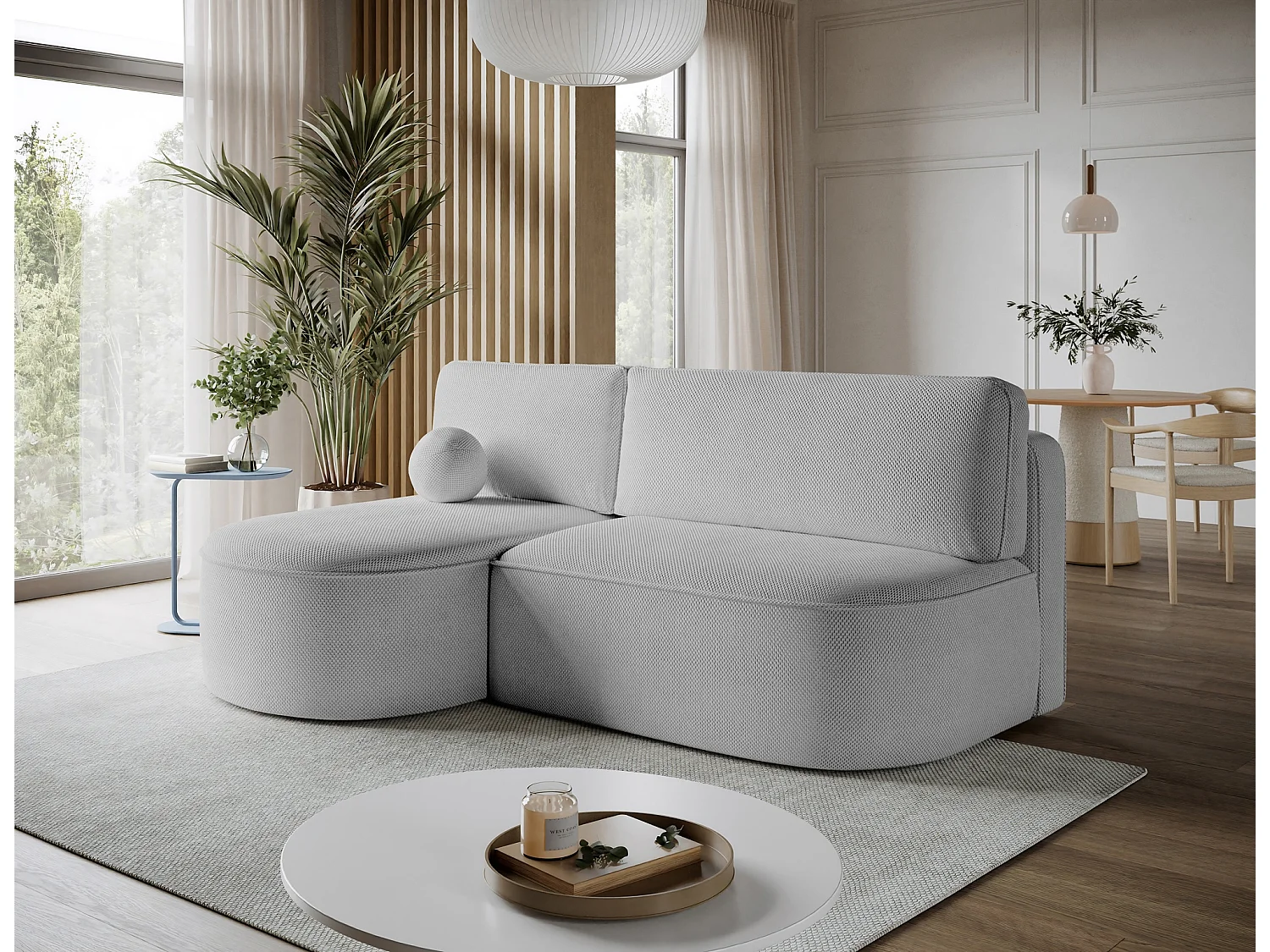 Canapé d’angle convertible VERNA en tissu – 220cm-Gris clair-angle gauche