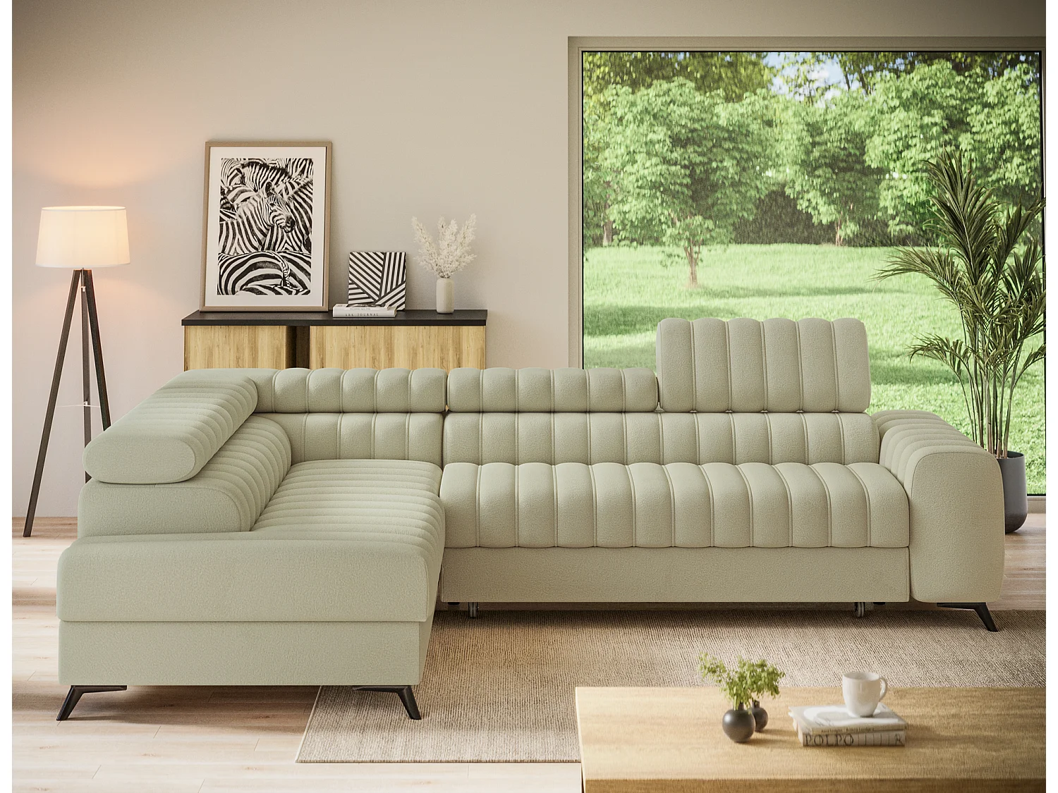 Canapé d’angle convertible KANDO en tissu texturé – 269cm-Beige clair-angle gauche